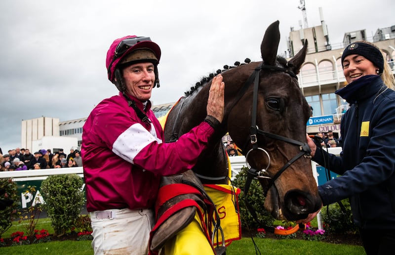 Jack Kennedy celebrates winning the Savills Steeplechase in December 2022 with Conflated. Photograph: Ryan Byrne