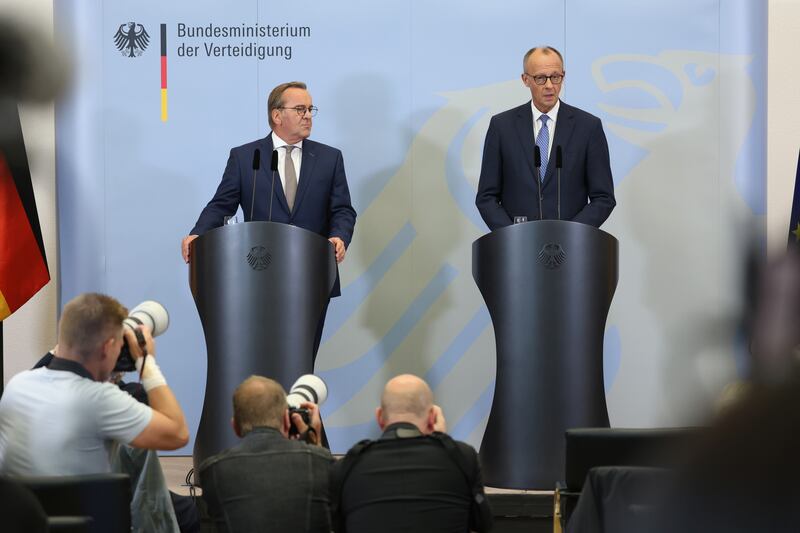 German defense minister Boris Pistorius and chancellor Friedrich Merz speak to the media at the defense ministry in Berlin on Wednesday. Photograph: Sean Gallup/Getty Images