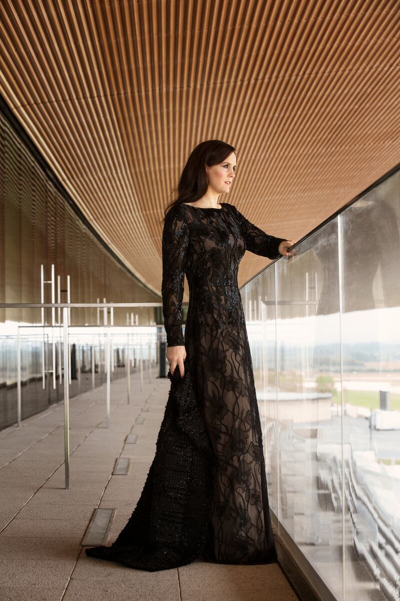 Rachael Blackmore: black lace and beaded evening gown with keyhole back detail, Escada, €1,589