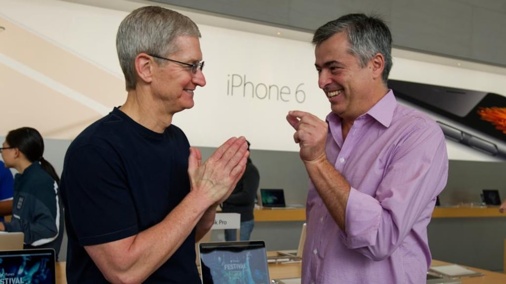 Apple chief executive Tim Cook and senior vice president Eddy Cue. Photograph: David Paul Morris/Bloomberg