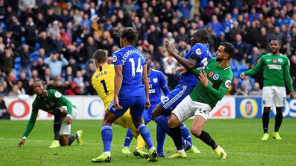 Cardiff City’s Sol Bamba scores their late winner in the Premier League game against Brighton at Cardiff City Stadium. Photograph: Toby Melville/Reuters