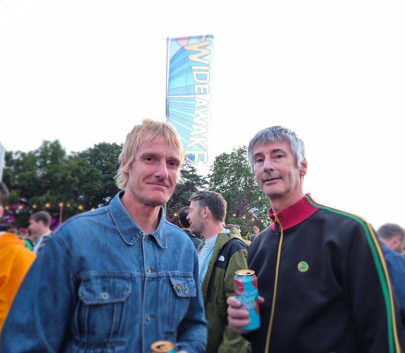 Phil Parry from Nottingham with his London friend, Julian Gilmore, at Kneecap in Brockwell Park on Friday night Photograph: Siobhán Reynolds