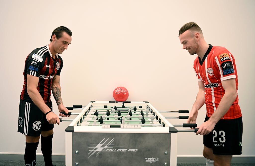 Dylan Connolly of Bohemians and Cameron Dummigan of Derry City at the announcement by Virgin Media of their intention to cover three live Premier League games in September: Shamrock Rovers v Bohs on September 1st, Derry City v Shamrock Rovers on September 15th and St Patrick’s Athletic v Dundalk on September 22nd. Photograph: Stephen McCarthy/Sportsfile