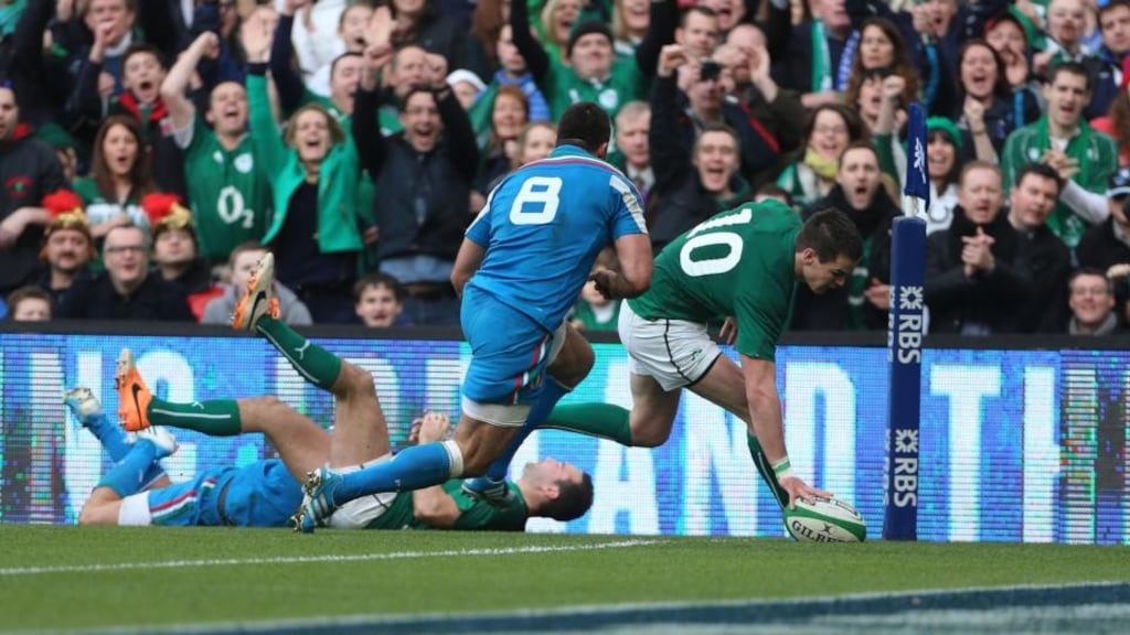 Johnny Sexton scores his second try against Italy last weekend. Photograph: Niall Carson/PA Wire.