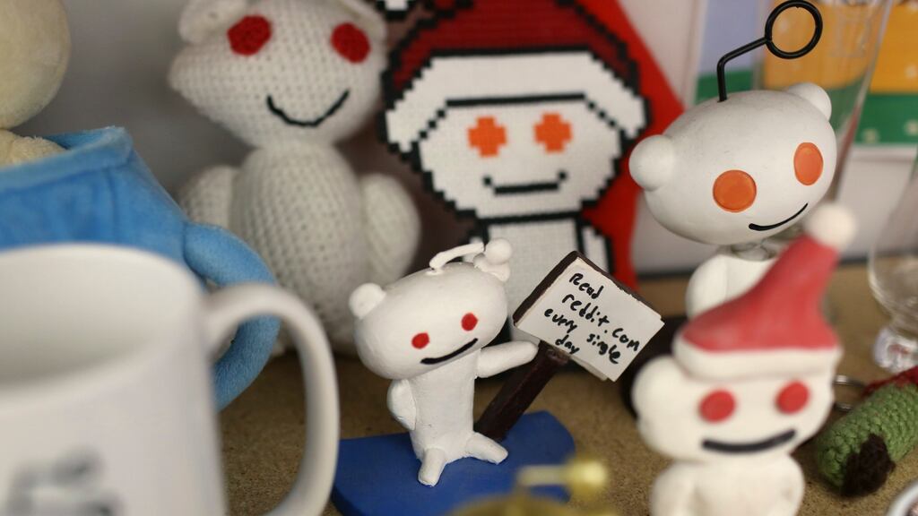 Reddit mascots are displayed at the company’s headquarters in San Francisco: Shutting down forums dedicated to abusive content reduced the levels of hate on the popular online message board. Photograph: Reuters.