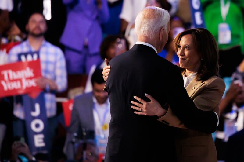 Kamala Harris embraces Joe Biden during the Democratic National Convention in Chicago on Monday. Photograph: Hannah Beier/Bloomberg