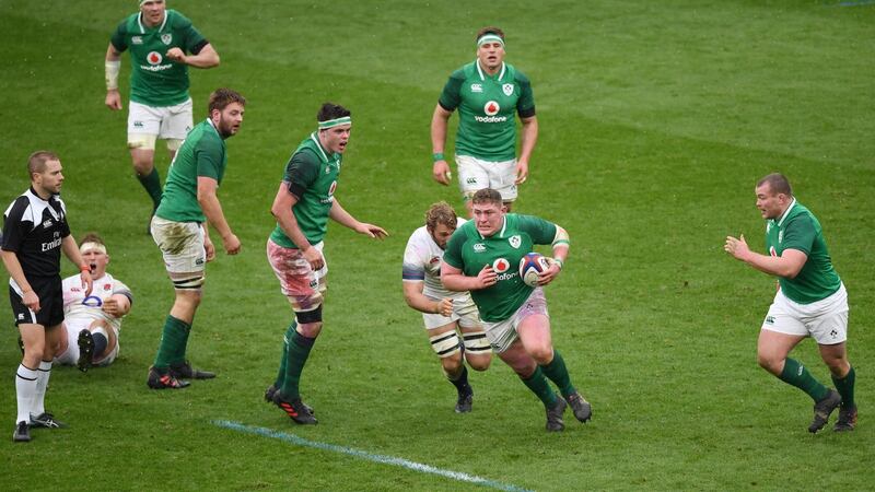 Tadhg Furlong slipped a beautiful pass to Bundee Aki on the way to CJ Stander scoring a try for Ireland. Photo: Shaun Botterill/Getty Images