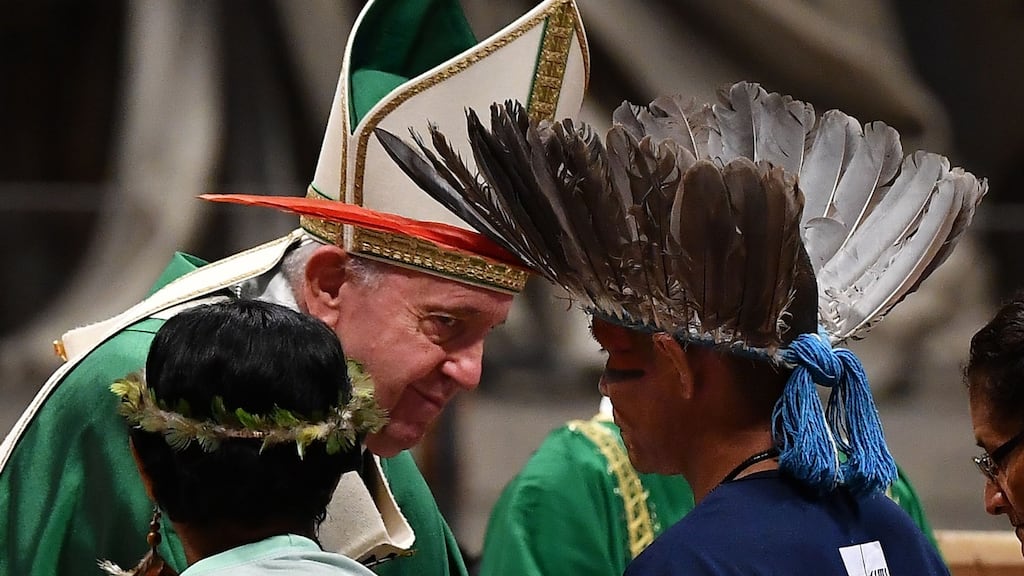 Representatives of one of the Amazon Rainforest’s ethnic groups (front) take part in Pope Francis’ Mass at St Peter’s Basilica in the Vatican, for the opening of the Special Assembly of the Synod of Bishops for the Pan-Amazon Region in October 2019. File photograph: Tiziana Fabi/AFP via Getty