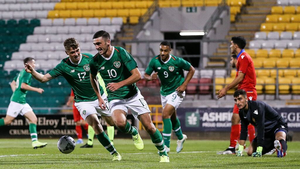 Troy Parrott of Republic of Ireland celebrates scoring a goal during the Euro 2020 under-21 qualifier against Armenia. Photo: Tommy Dickson/Inpho