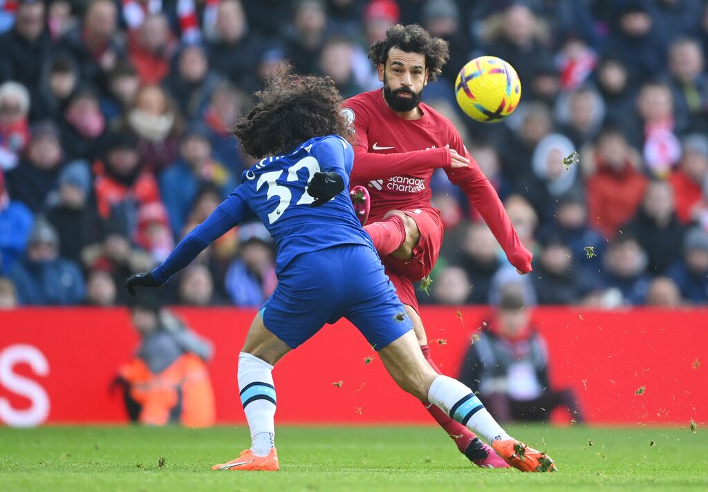 Mohamed Salah in action for Liverpool against Chelsea's Marc Cucurella during Saturday's Premier League clash at Anfield. Photograph: Laurence Griffiths/Getty Images