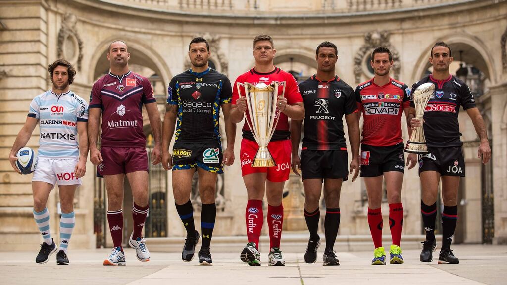 Racing 92 captain Maxime Machenaud, Bordeaux Begles captain Matthew Clarkin, ASM Clermont Auvergne captain Damien Chouly, RC Toulon captain Juan Smith, Toulouse captain Thierry Dusautoir, Oyonnax captain Florian Denos and Grenoble captain Fabien Gengenbacher at yesterday’s launch of the 2016 Champions Cup. Photo: Billy Stickland/Inpho