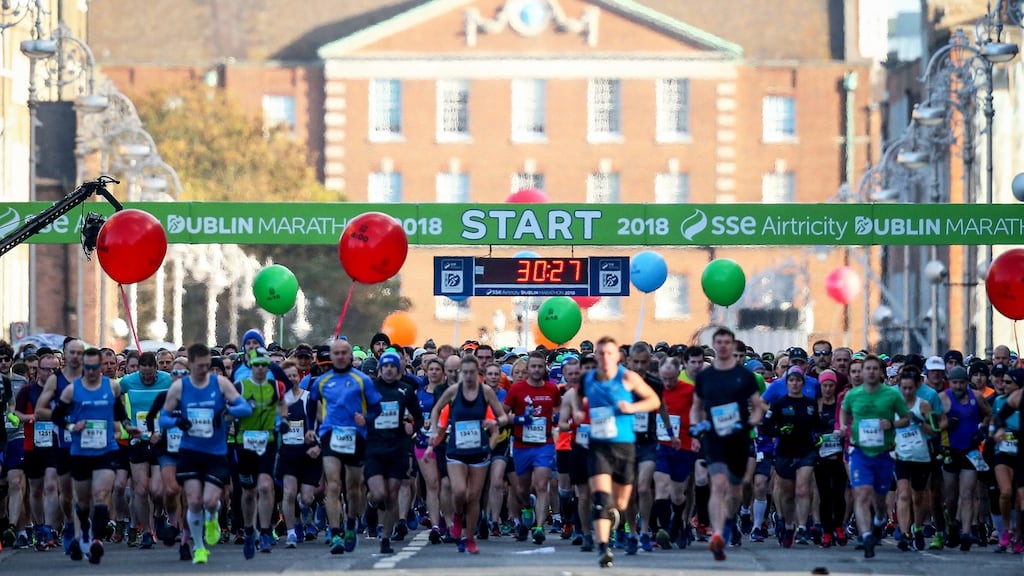Runners at the start line in the 2018 Dublin Marathon. Photograph: Oisin Keniry/Inpho