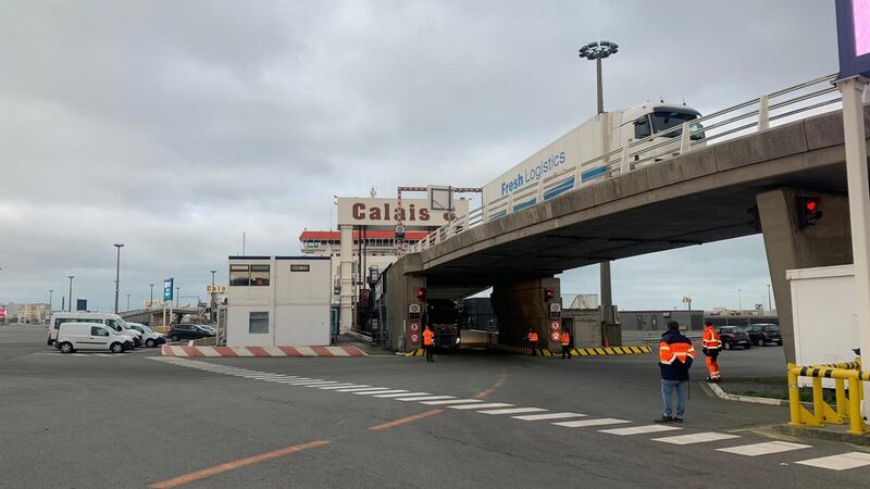 The first trucks arriving in the Port of Calais, France following the end of the Brexit transition period. Photograph: Sharon Gaffney
