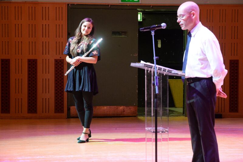 Miriam Kaczor (left), received citizenship and played the national anthem at the ceremony held at the National Concert Hall, Dublin on Monday. Photograph: Dara Mac Dónaill/The Irish Times