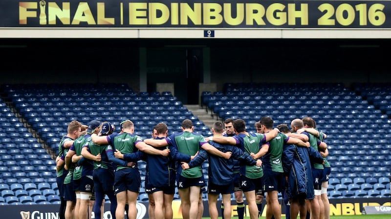 Connacht players in a huddle during the captain’s run at Murrayfield. Photograph: James Crombie/Inpho