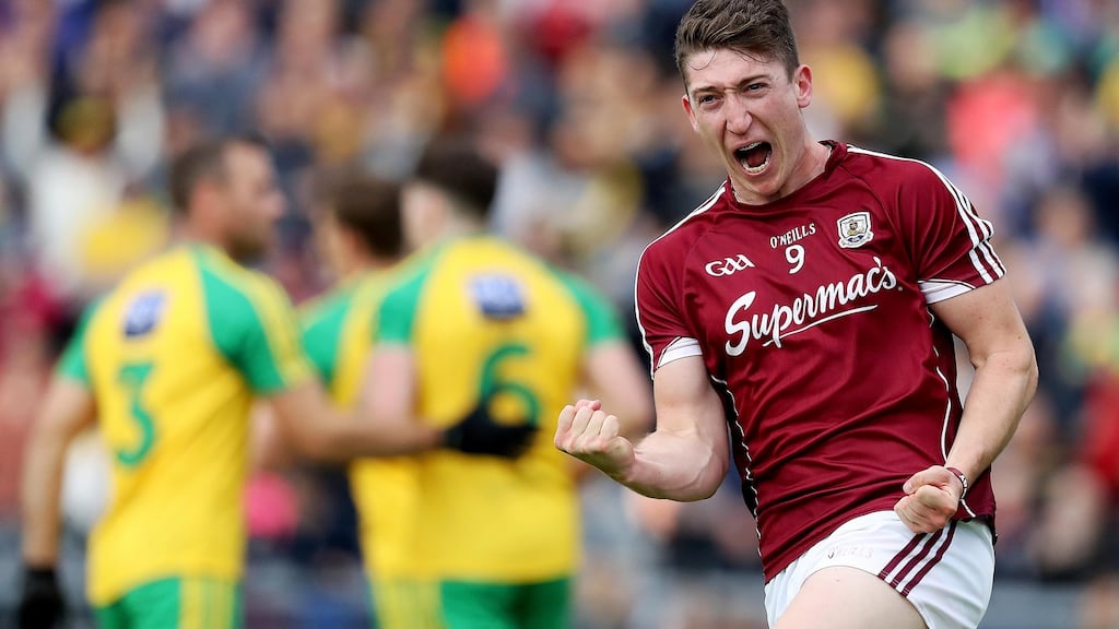 Galway’s Johnny Heaney celebrates scoring a goal in the Senior Football Championship qualifier against Donegal at Markievicz Park, Co Sligo. Photograph: Tommy Dickson/Inpho