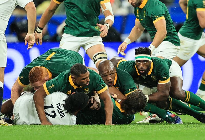 South Africa’s Steven Kitshoff, Damian Willemse, Bongi Mbonambi and Siya Kolisi in the ruck during their World Cup semi-final victory over England. Photograph: Billy Stickland/Inpho