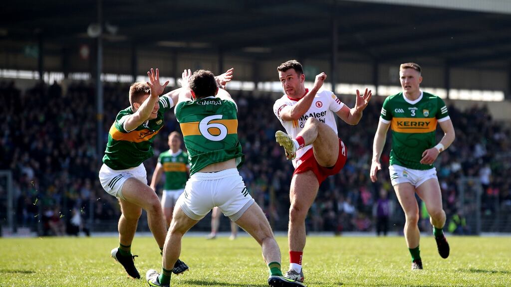 Tyrone’s Darren McCurry scores a point during the Allianz Football League Division  One game against Kerry at Fitzgerald Stadium in Killarney. Photograph: Bryan Keane/Inpho
