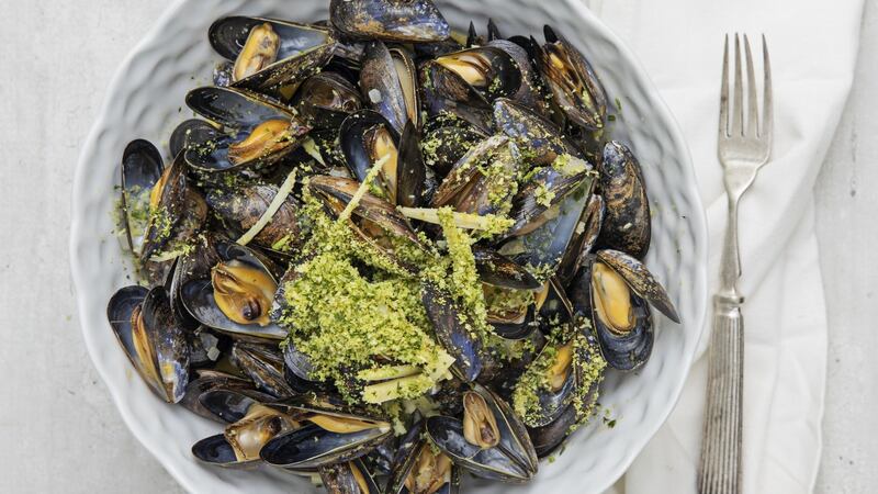 Mussels with clementine and ginger butter, parsley crunch. Photograph: Harry Weir Photography