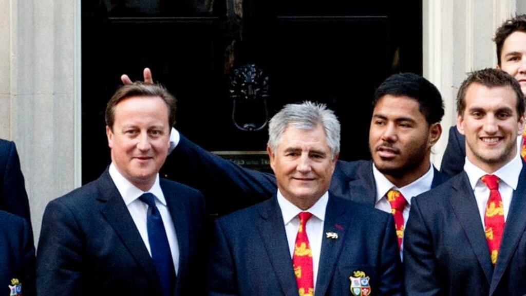 British and Irish Lions rugby star Manu Tuilagi sticking his fingers above Prime Minister David Cameron’s head to give him “bunny ears” during a photo shoot at Downing Street to honour the Lions’ victory over Australia. Photograph: Chris Harris/The Times/PA Wire