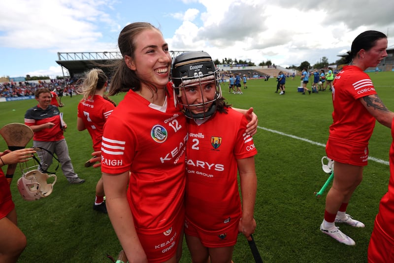 Cork's Clíona Healy and Meabh Murphy celebrate the semi-final victory over Dublin. Photograph: Bryan Keane/Inpho