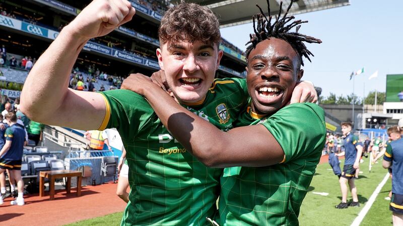 Meath’s Rian McConnell and Danny Ehichoya celebrate the win over Tyrone. Photograph: Laszlo Geczo/Inpho