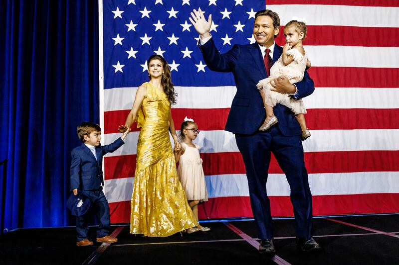 Florida governor Ron DeSantis on stage with his family after his election win earlier this month. Photograph: Scott McIntyre/New York Times