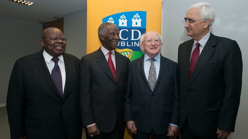 President Michael D Higgins (second right) with former Tanzanian president Benjamin Mkapa (left), former South African president Thabo Mbeki,  and Salman Khurshid, former Indian minister for justice. Photograph: Dave Meehan