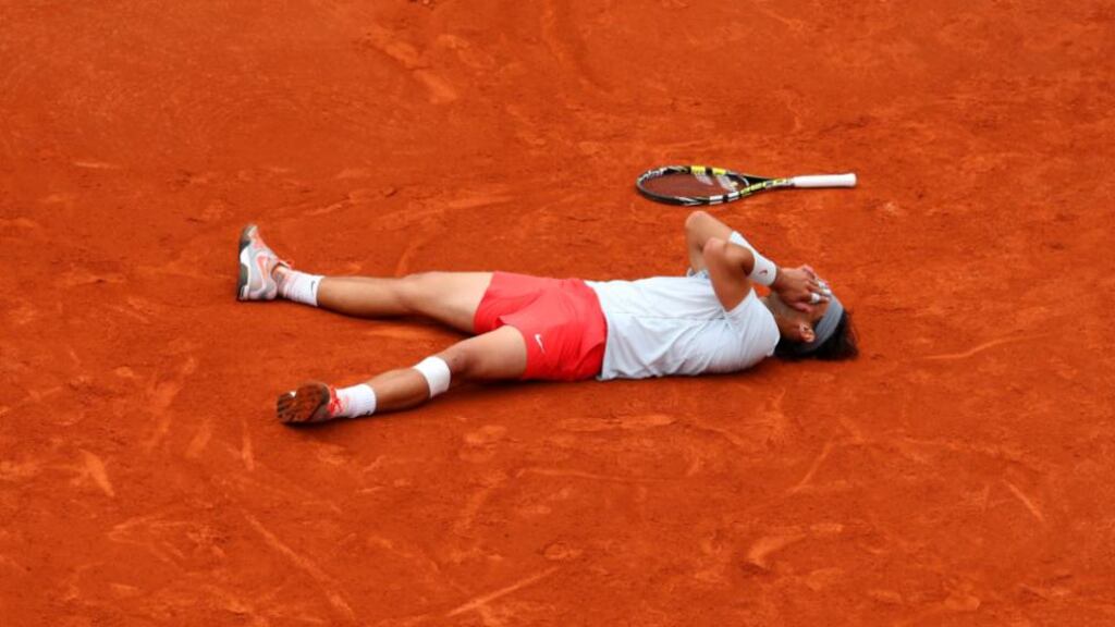 Rafael Nadal celebrates match point during the men’s singles final against David Ferrer at Roland Garros in Paris. Photograph: Julian Finney/Getty Images