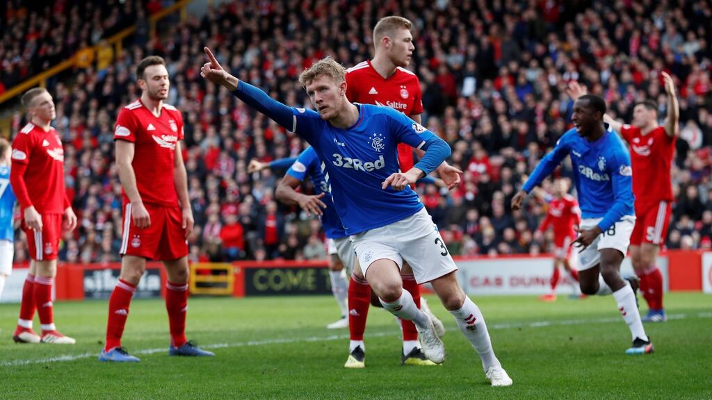 Rangers’ Joe Worrall celebrates scoring their first goal during the Scottish Cup clash with Aberdeen. Photo: Russell Cheyne/Reuters