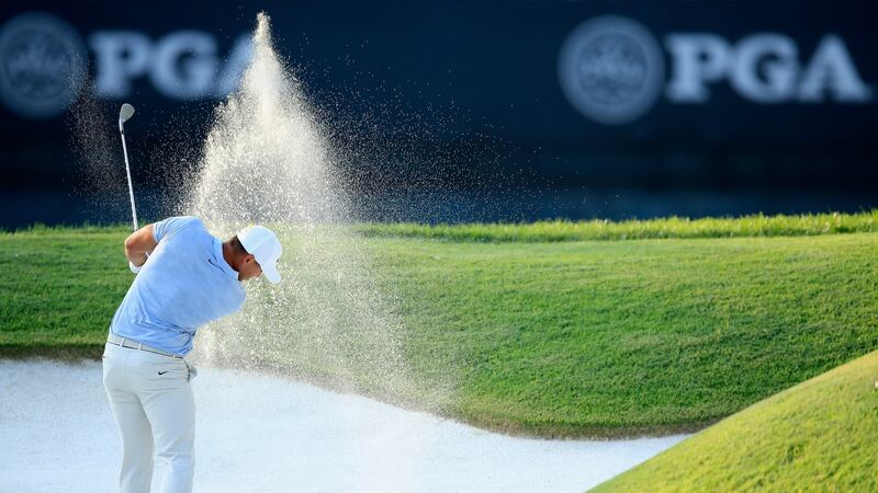 Brooks Koepka plays his shot from a bunker on the 18th hole during the third round of the US PGA Championship at Bellerive Country Club in St Louis, Missouri. Photograph: Andy Lyons/Getty Images