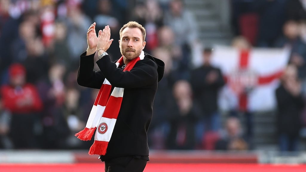Christian Eriksen acknowledges the reception from Brentford fans prior to the Premier League game against Crystal Palace at Brentford Community Stadium. Photograph: Ryan Pierse/Getty Images