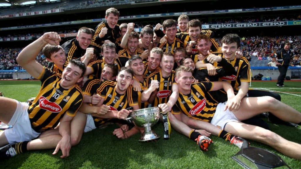 Kilkenny minor team celebrates with the trophy after defeating Dublin in the Leinster final at  Croke Park. Photograph: Inpho
