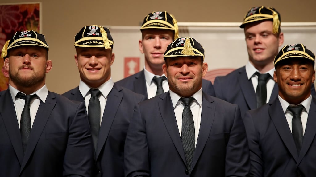 Andrew Porter, Josh van der Flier, Chris Farrell, Rory Best, James Ryan and Bundee Aki are presented with their Rugby World Cup caps at the official welcome ceremony. Photograph: Dan Sheridan/Inpho