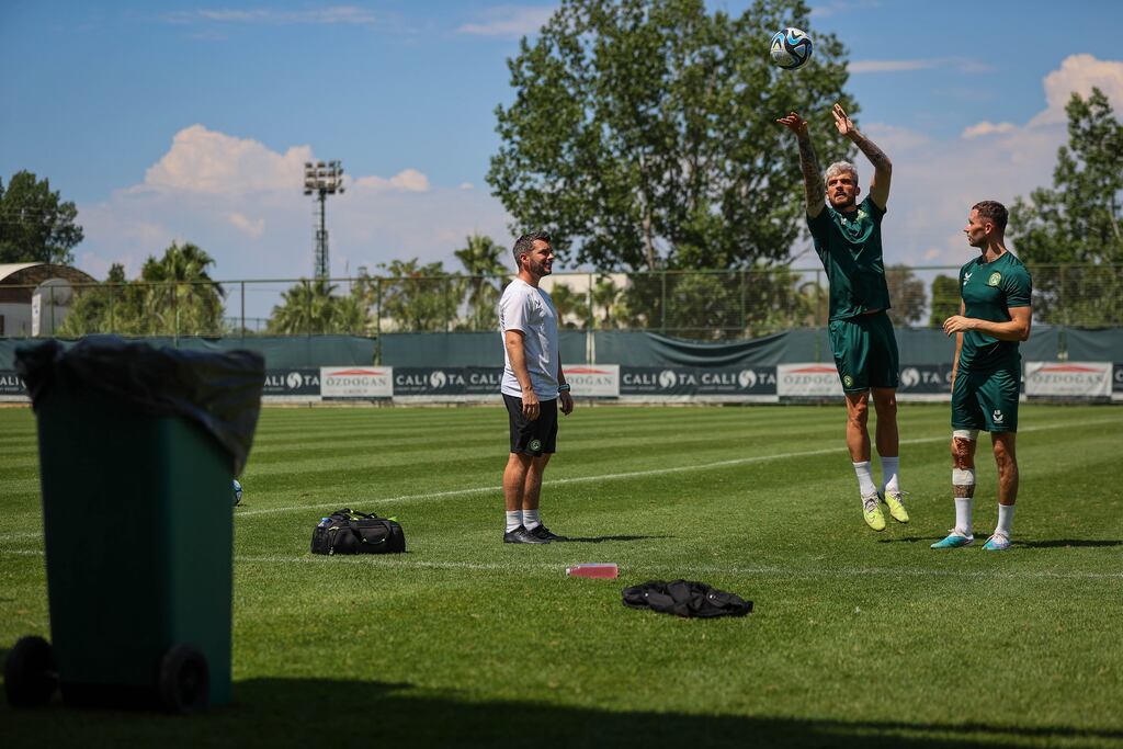 Troy Parrott tries out his basketball skills alongside Alan Browne during Republic of Ireland training at the Calista Sports Centre in Antalya, Turkey. Photograph: Ryan Byrne/Inpho