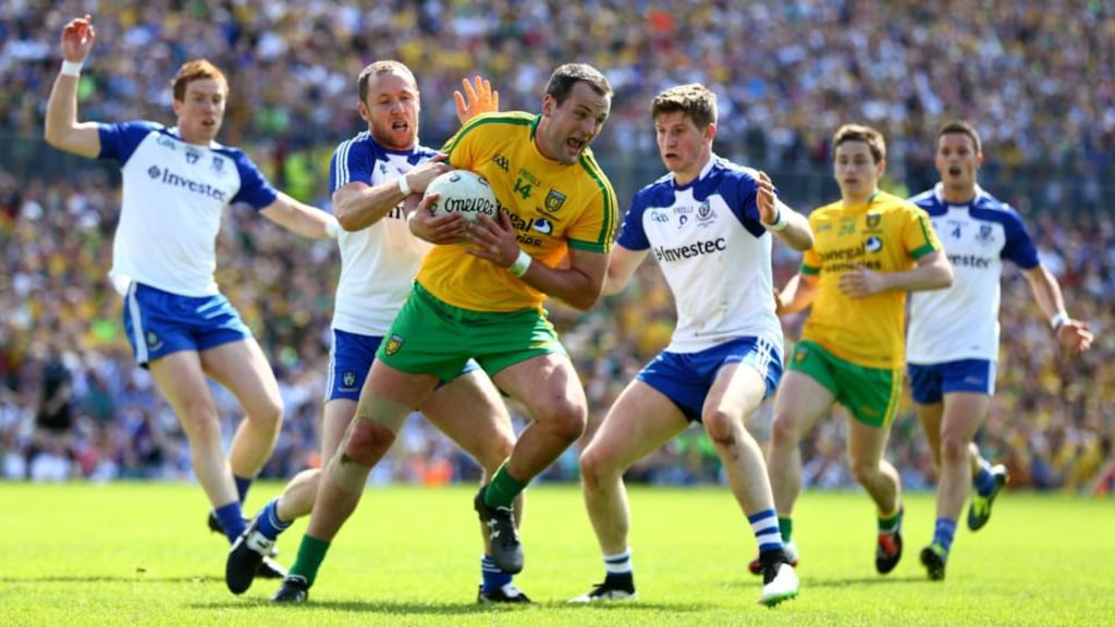 Donegal’s Michael Murphy in action against Monaghan’s Vinny Corey and Darren Hughes. It seemed to me Murphy played injured at Clones. Photograph: Cathal Noonan/Inpho