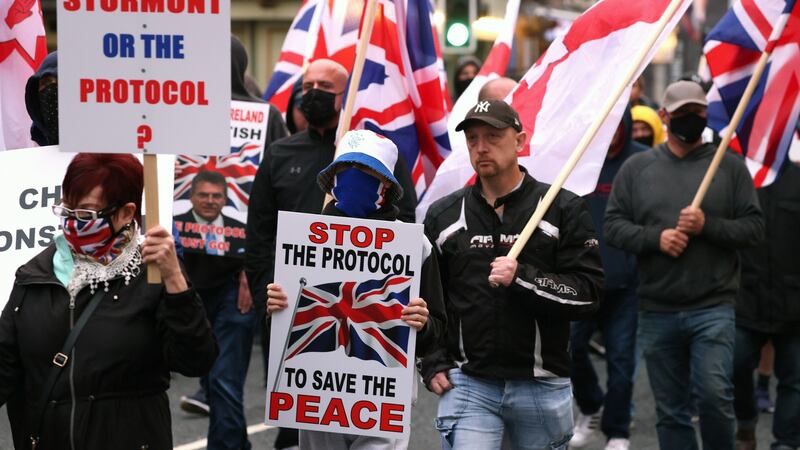 Loyalists during a rally against the Northern Ireland Protocol in Newtownards Road, Belfast. Photograph: Peter Morrison/PA Wire