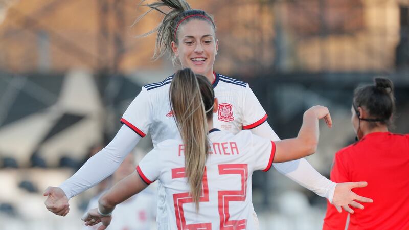Alexia Putellas celebrates after scoring for Spain during a 2023 World Cup qualifier against Ukraine in Kovalivka last month. Photograph: Sergey Dolzhenko/EPA