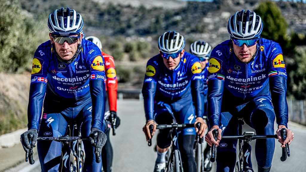 Sam Bennett (right) riding with Deceuninck-Quick-Step team-mates in Altea, Spain on Wednesday. Photograph: Deceuninck-Quick-Step cycling team