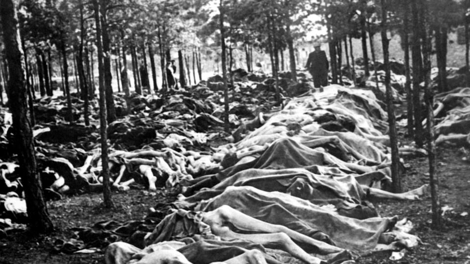 Shoah: bodies at Bergen-Belsen concentration camp after it was liberated, towards the end of the second World War, in 1945. Photograph: Keystone/Gamma-Rapho via Getty