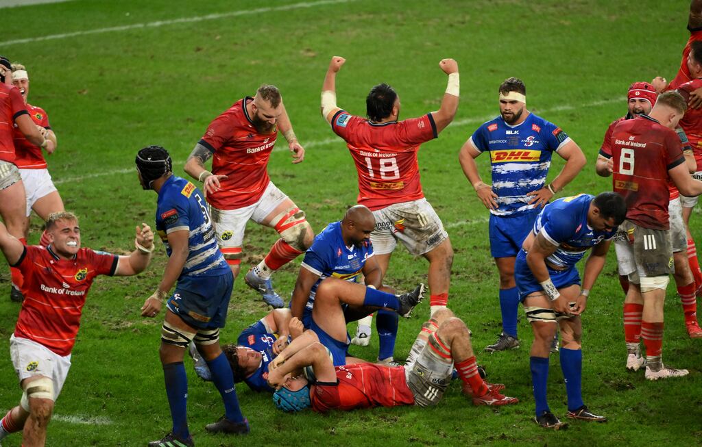 Munster celebrate victory over Stormers at the final whistle of the United Rugby Championship final at DHL Stadium in  Cape Town on May 27th. Photograph: Steve Haag Sports/Thinus Maritz/Inpho