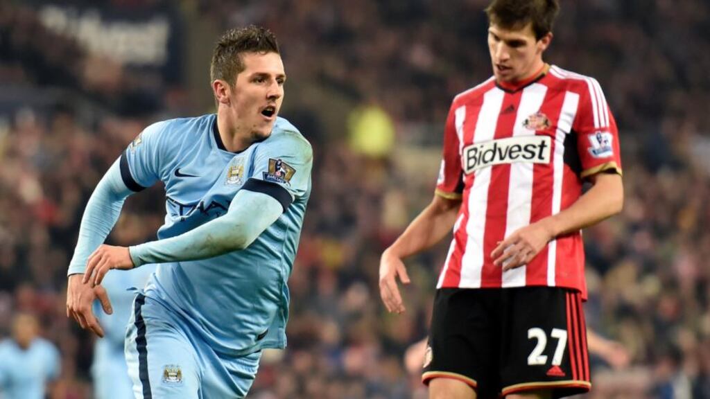 Manchester City’s Stevan Jovetic celebrates scoring his side’s second goal during the Barclays Premier League match at the Stadium of Light, Sunderland. Photograph: Owen Humphreys/PA