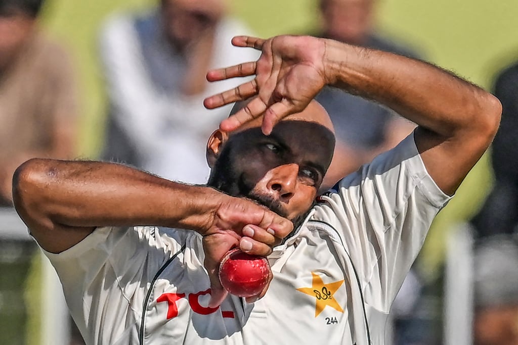 Pakistan's Sajid Khan bowls during the first day of the third and final Test match against England at the Rawalpindi Cricket Stadium. Photograph: Aamir Qureshi/AFP via Getty Images