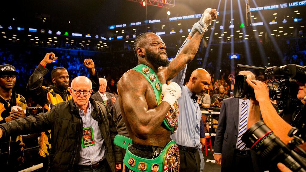 Deontay Wilder after knocking out Luis Ortiz to defend his heavyweight boxing title at the Barclays Center in New York. Photograph: Sam Hodgson/The New York Times