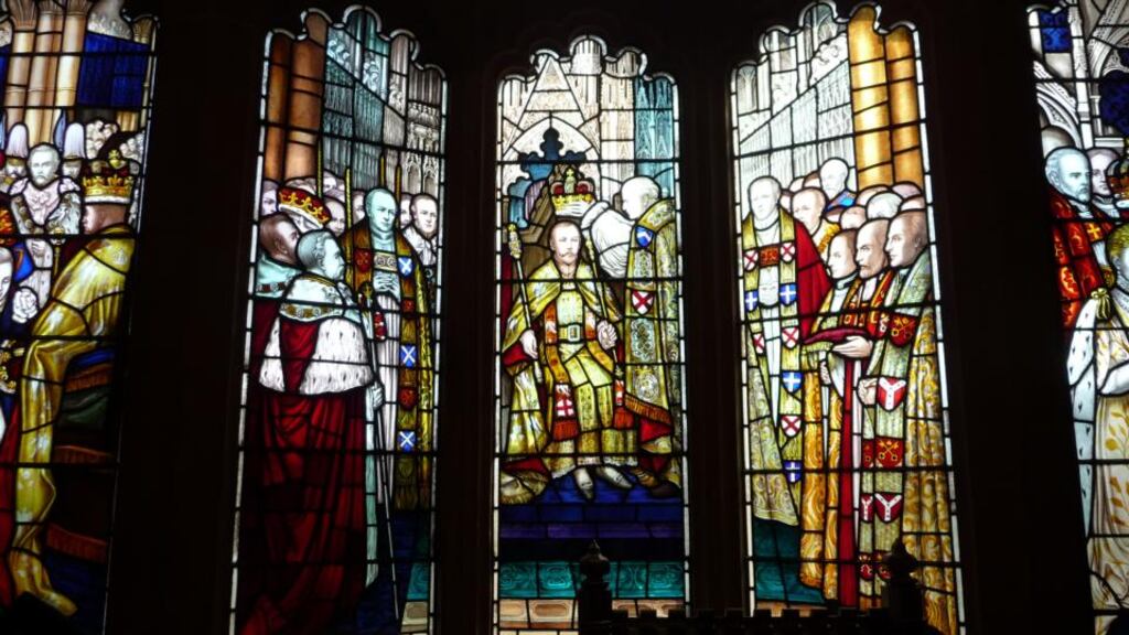 A stained glass window in Derry’s Guildhall depicting the coronation of King George V.