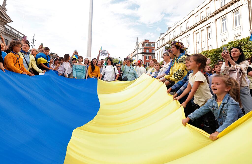 Ukrainian refugees in Ireland celebrate their independence day in Dublin in August 2022. Photograph: Alan Betson
