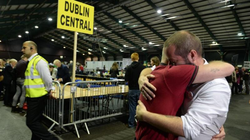Michael Barron founder of BeLonG To with Jaime Nanci at the count centre at the RDS. Photograph: Cyril Byrne/The Irish Times