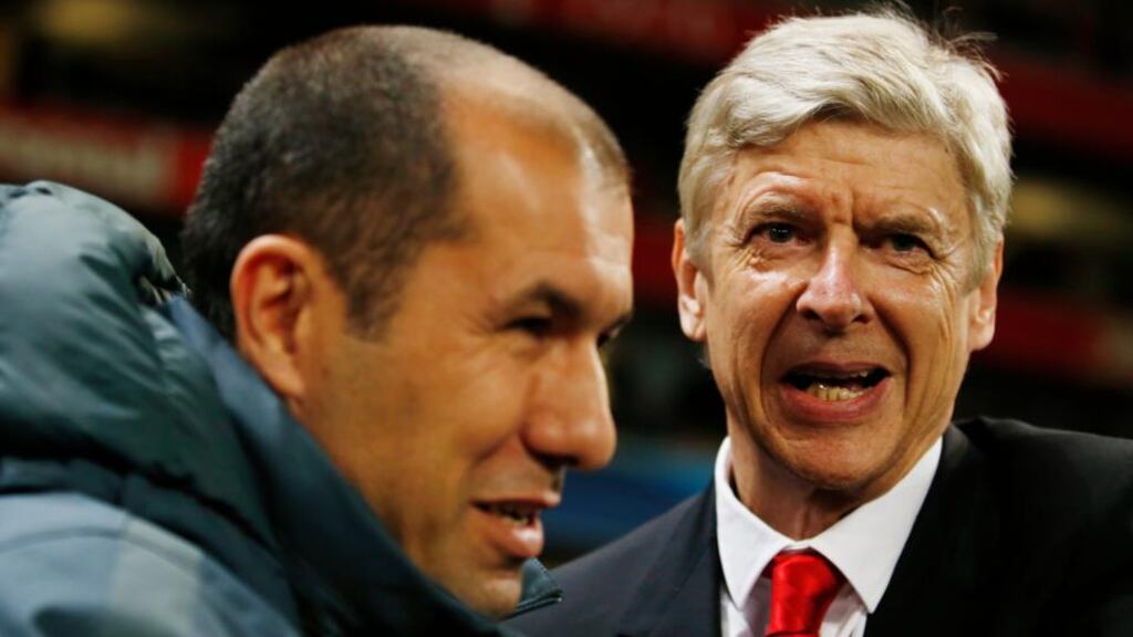 Arsenal manager Arsene Wenger with Monaco coach Leonardo Jardim. Photograph: John Sibley/Reuters