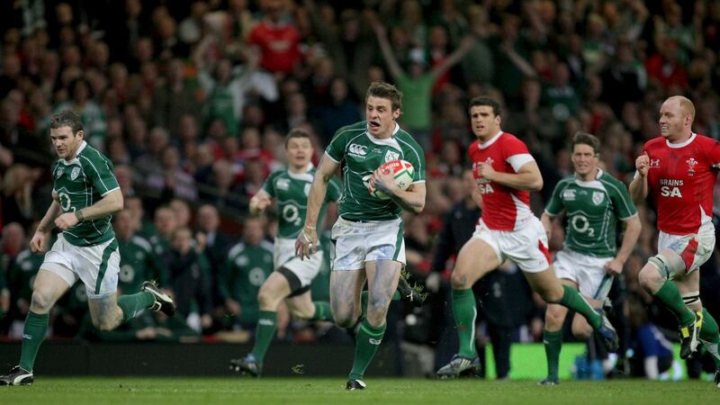 Tommy Bowe scores a crucial try for Ireland in Cardiff. Photgraph: Morgan Treacy/Inpho