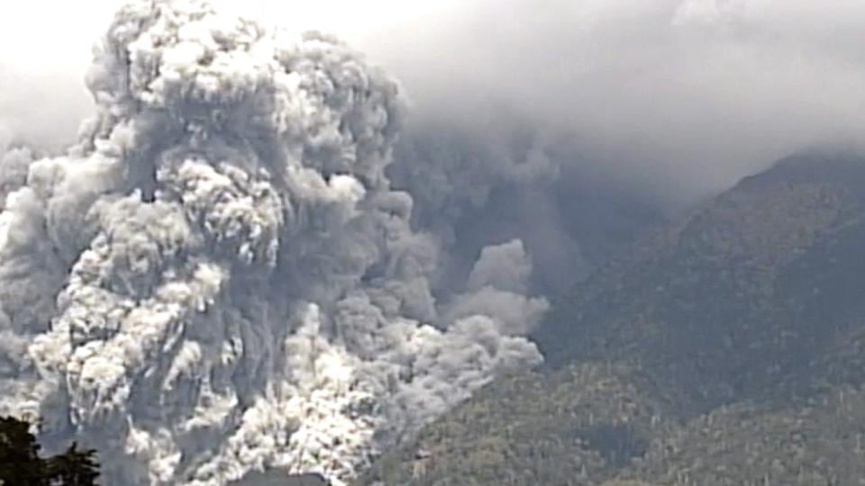 A surveillance camera still shows the eruption of Mt Ontake. Photograph: EPA
